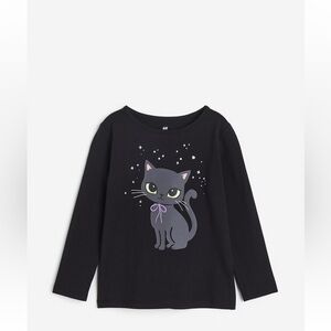 H&M Black Halloween Long Sleeve Tee with Cat Graphic
